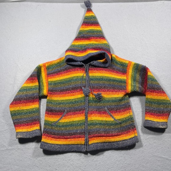 Rainbow Striped Hooded Knit Cardigan Indian Artesanias Crafts One Size Poncho - Picture 1 of 12